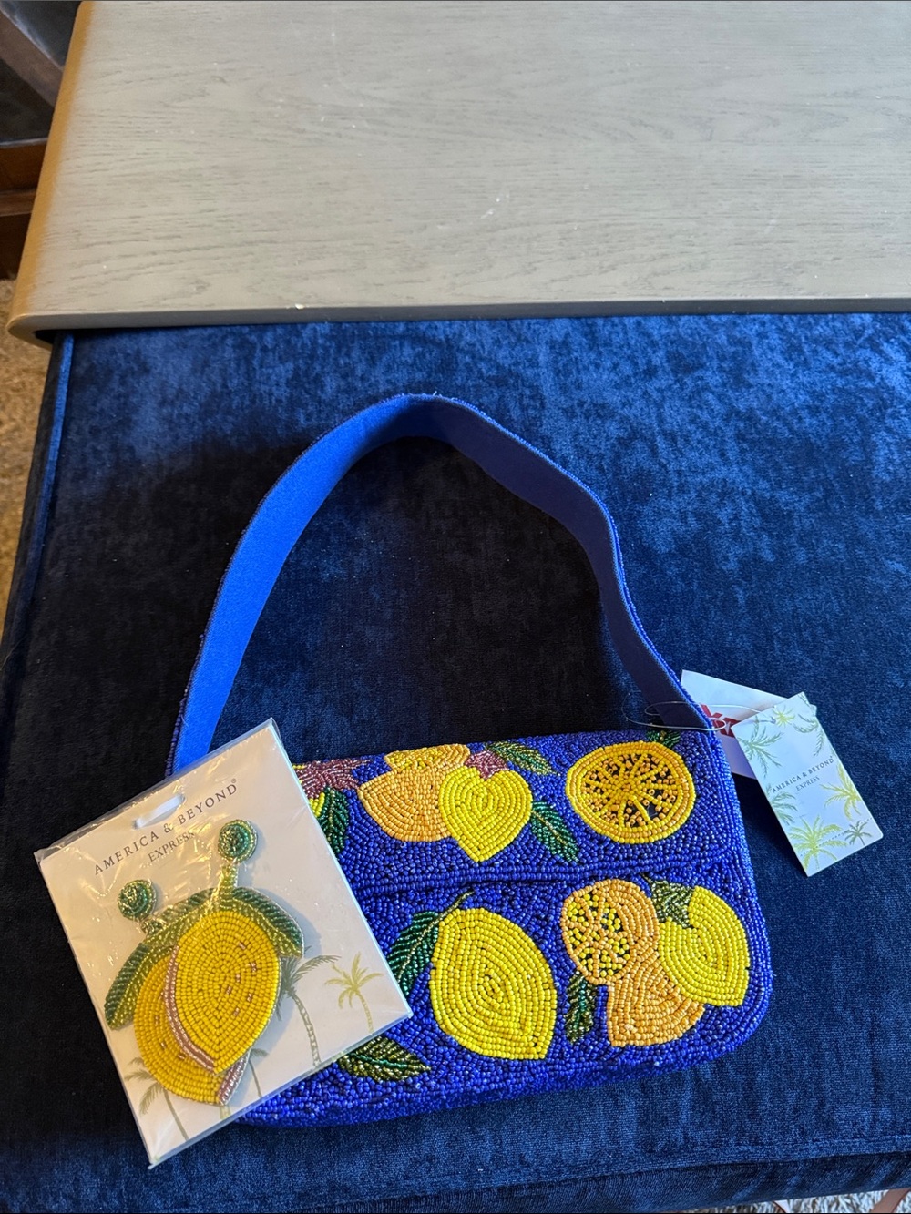 Beaded Lemon Motif Shoulder Bag - Blue & Yellow
